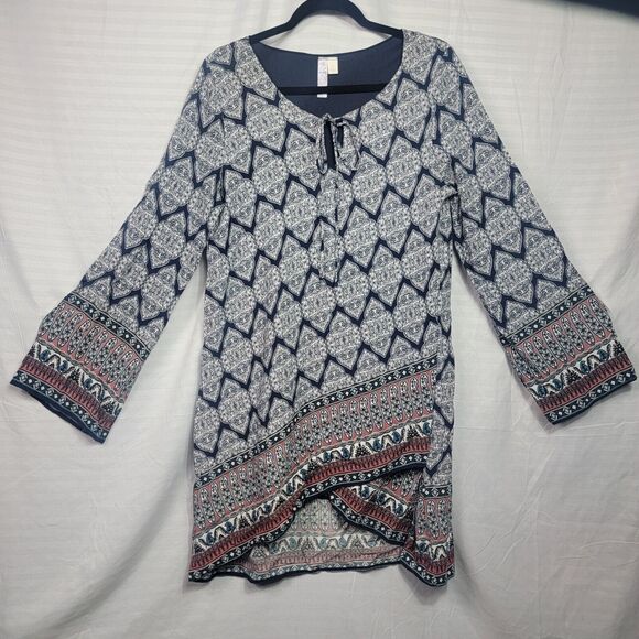 Francesca’s Women’s Alya Bell Sleeve Mixed Print Dress Tie Neck Cutout Hem L - Picture 2 of 10